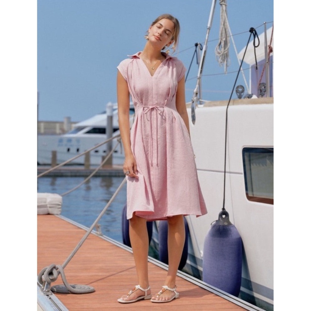 OGL Viscose-Linen Collared V Neck Midi Dress Women M Soft Pink Casual Chic